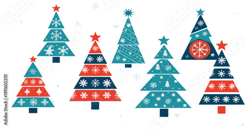 Colorful Christmas tree vector illustration set with festive winter holiday decorations and snowflake patterns