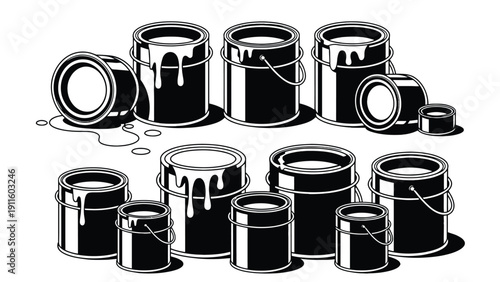 Paint cans vector illustration with dripping paint in black and white
