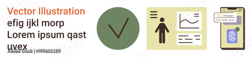 Data analysis, user verification, digital trends, cybersecurity, personal information, productivity apps. Set includes graphs, checkmarks and a smartphone interface. Data analysis and user