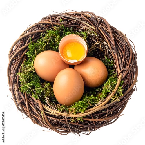 A bird's nest with four eggs, one cracked open