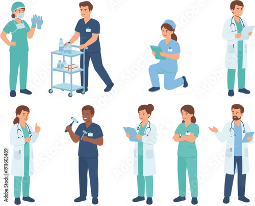 Medical Staff Character Set with Doctors and Nurses in Different Poses Flat Vector Illustration Healthcare Profession Collection