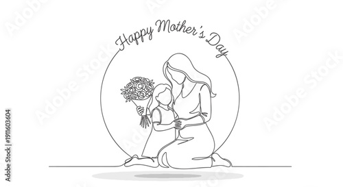 Mother's Day illustration of a mother and child with flowers, Happy Mother's Day text