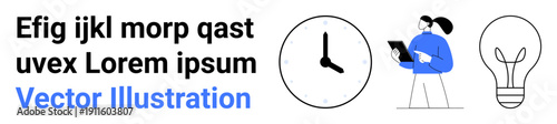Time management, innovation, productivity planning, creative strategy, work scheduling, ideas generation. A clock, light bulb and person with a tablet. Time management and innovation