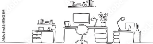Set of home office interiors in one continuous line drawing.one line icon illustration with white background