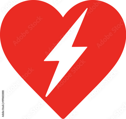 Solid Red Heart with a White Lightning Bolt Cutout in a Simple Flat Graphic Vector
