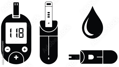 Glucose meter vector illustration with blood drop and test strips
