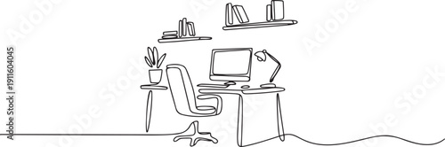Set of home office interiors in one continuous line drawing.one line icon illustration with white background