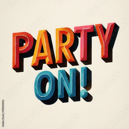 Bright letters spell party on in bold colors on a plain background creating a cheerful and inviting atmosphere for celebration