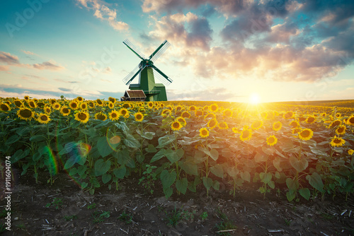 Bright sunrise scene. Morning landscape featuring sunflowers and windmill. Sunflower field at dawn with windmill and soft clouds