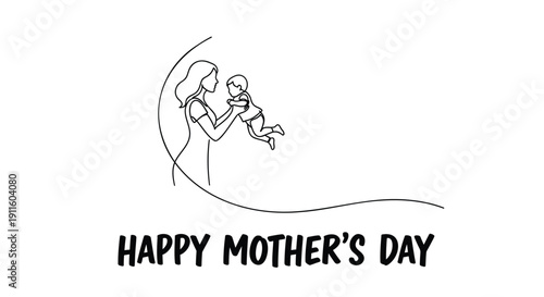 Continuous line drawing of a mother holding her baby, Happy Mother's Day text, minimalist vector illustration isolated on transparent background