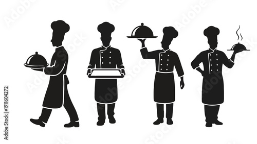 Chef silhouette icons serving food in a restaurant setting
