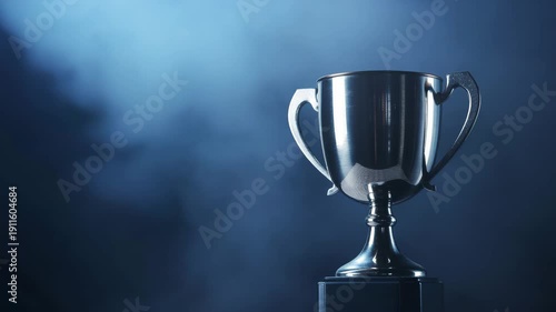 Shining silver trophy cup on pedestal with dark blue background