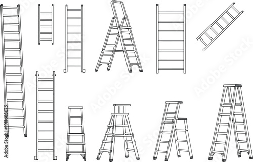 Eleven ladder illustrations including straight, step, and extension ladders in technical drawing style