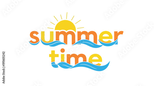 Vibrant summer time textual graphic featuring sunny yellow and orange lettering with playful blue ocean wave embellishments conveying a joyous