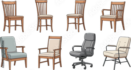 Eight chair illustrations featuring wooden dining chairs, upholstered armchairs, office chair, and modern seating designs