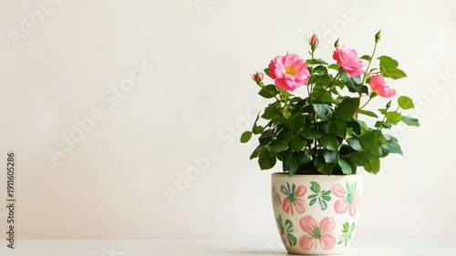 Wallpaper Mural Yopik Rose Plant in a Colorful Ceramic Pot with Modern Floral Design at Home Interior Setting Torontodigital.ca