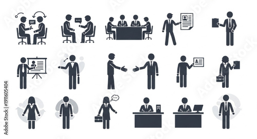 Business People Icons Set Meeting Handshake Presentation Office Work.
