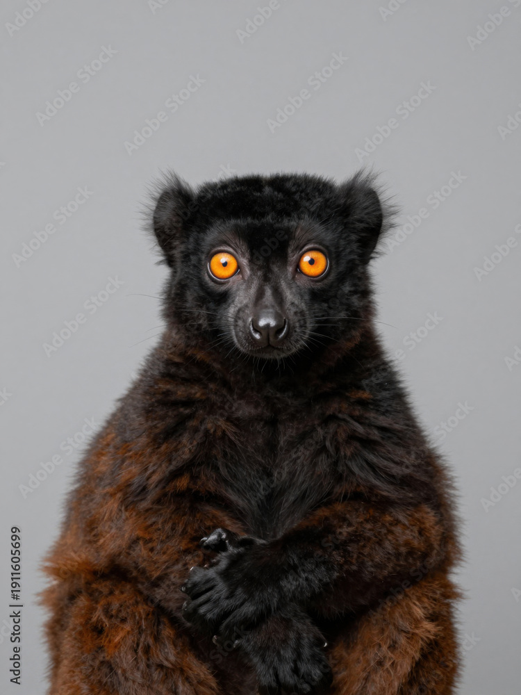 Fototapeta premium Portrait Of A Black And Brown Lemur With Orange Eyes Against A Plain Grey Background