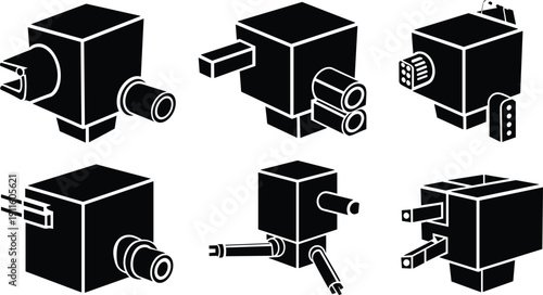 Abstract black cube robot icons set in various configurations isolated on white background futuristic vector illustration collection