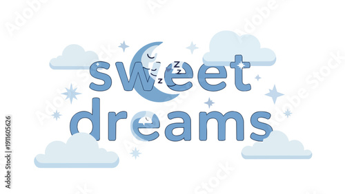 Whimsical illustration of slumbering celestial bodies and fluffy clouds spelling out 'sweet dreams' in calming blue hues perfect for peaceful night