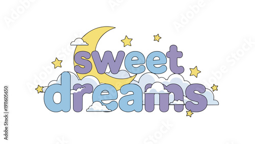 Whimsical 'Sweet Dreams' Typography Art with Celestial Elements and Cozy Clouds