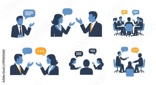 Business people communicating in various meeting scenarios.
