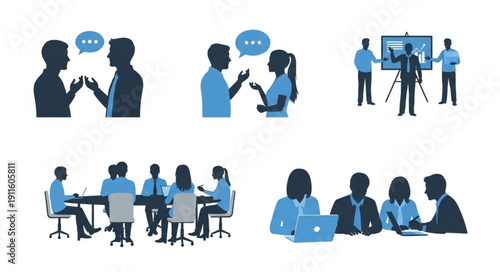 Business meeting and discussion icons set.