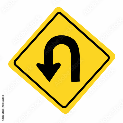 Yellow diamond traffic sign with U-turn arrow symbol. Vector illustration of road warning sign for U-turn ahead isolated on white background.