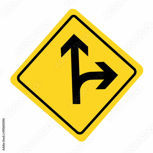 Yellow diamond road sign with intersection or merging lane arrow symbol. Traffic warning sign for side road junction isolated on white background