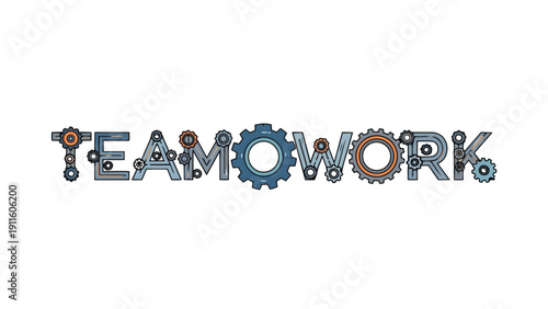 Innovative mechanical lettering spells 'TEAMWORK', symbolizing collaborative effort and interconnected efficiency