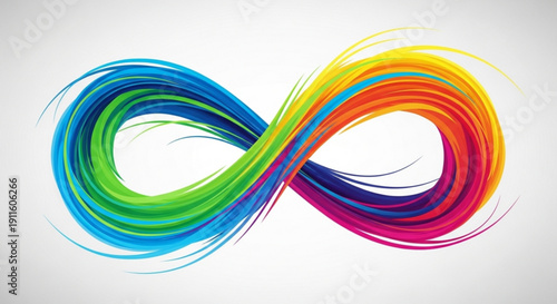 A colorful infinity symbol made of swirling rainbow lines on a white background