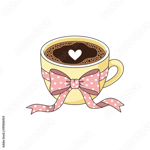 Cute Yellow Coffee Cup with Pink Polka Dot Bow and Heart Foam Art