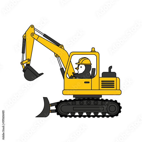 Cute Penguin Wearing Hard Hat Driving Yellow Excavator on Construction Site