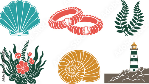 Seashell vector icons featuring ocean elements and nautical symbols