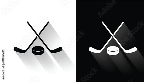 Hockey sticks and puck icon set with crossed equipment and long shadow, black and white dual background, minimalist flat design for sports apps, badges, and logos
