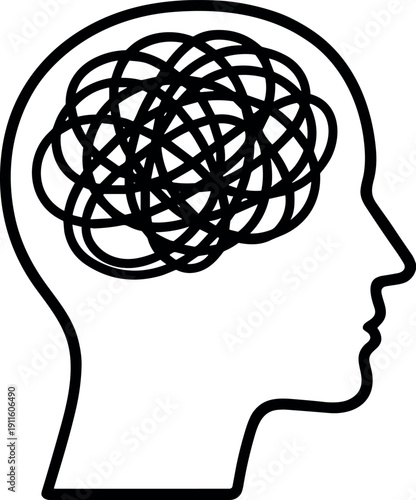 Human Head Profile with Messy Tangled Brain Lines in a Black Outline Vector