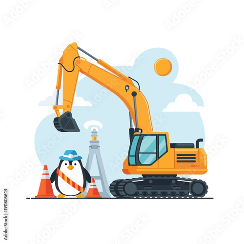 Cute Penguin in Construction Hat with Excavator and Traffic Cones