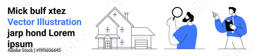 Real estate, architecture, property development, teamwork, home inspection, planning. A house structure, a person inspecting and another holding a clipboard. Real estate and architecture concept