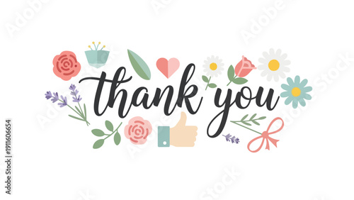 This cheerful vector graphic expresses sincere appreciation with elegant 'thank you' script, surrounded by diverse stylized blooms, a heart, and a