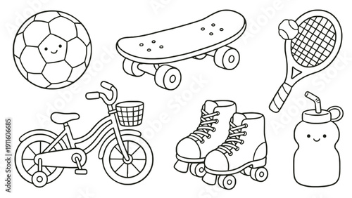 Skateboard and bicycle vector illustration with roller skates and ball