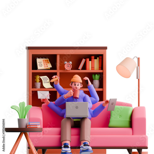 3D Illustration of Freelancer Multitasking Working from Home with Laptop and Smartphone