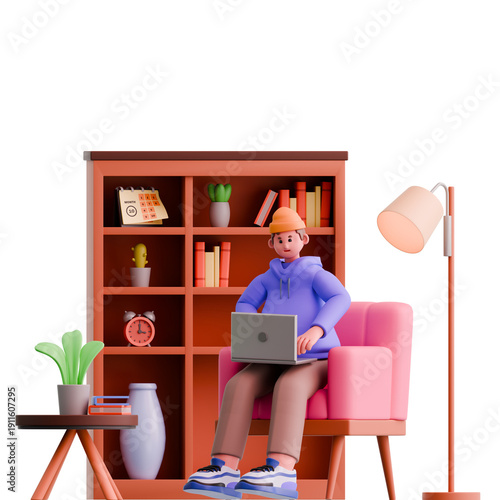 3D Illustration of Remote Worker on Sofa Home Office Setup