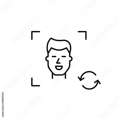 Young man user avatar and renew arrows. Face recognition, biometric update, identity refresh. Pixel perfect, editable stroke vector icon