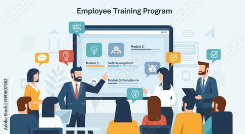 A vector graphic illustration of a corporate employee training program with a presenter and audience