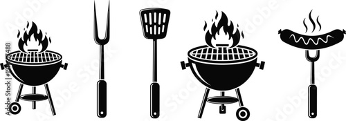 Barbecue Grill Set Featuring Charcoal Grills Spatula Fork and Sausage on Fire for Outdoor Summer Picnic and Backyard Cooking Party, cad drawing flat vector illustration