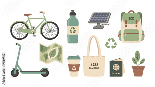 Eco-Friendly Collection: An array of sustainable living essentials, featuring a bicycle, scooter, water bottle, solar panel, backpack, map, tote bag, coffee cup, passport, and potted plant.