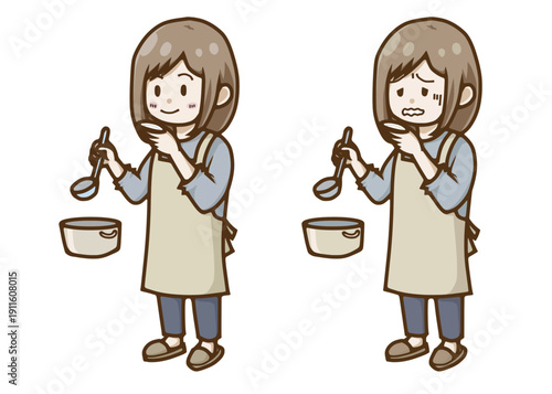 料理の味見をして笑顔と困り顔を見せる女性のイラストセット（成功と失敗）