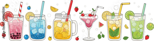 Colorful summer cocktail drinks vector illustration set with fresh fruit juices and iced beverages isolated background