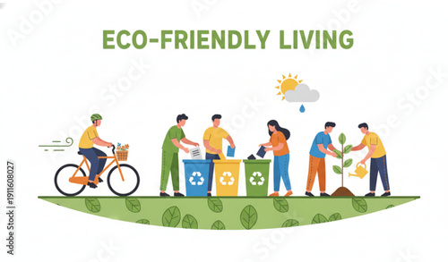 Eco-friendly lifestyle vector illustration with people cycling, recycling, and planting trees for sustainable living