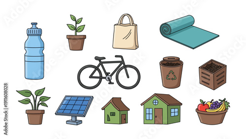 Eco-conscious Icons: An assortment of eco-friendly icons representing sustainable living and environmental awareness. Showcasing eco-friendly practices